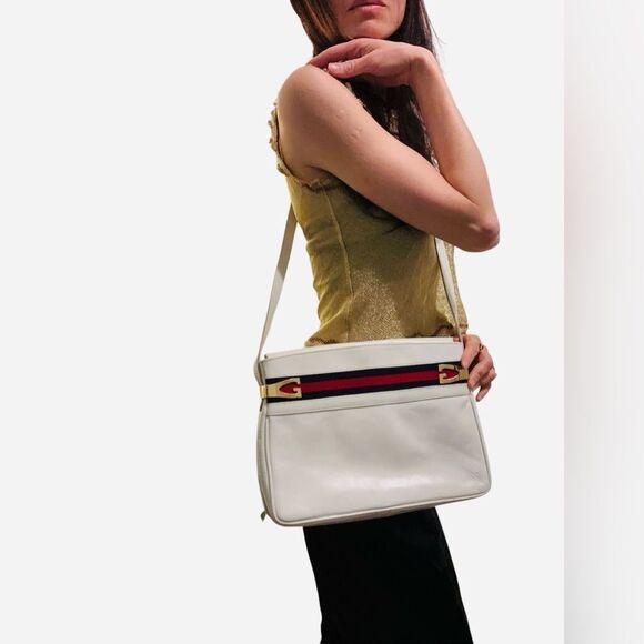 Gucci white leather with red green web and gold tone shoulder bag - Picture 1 of 16